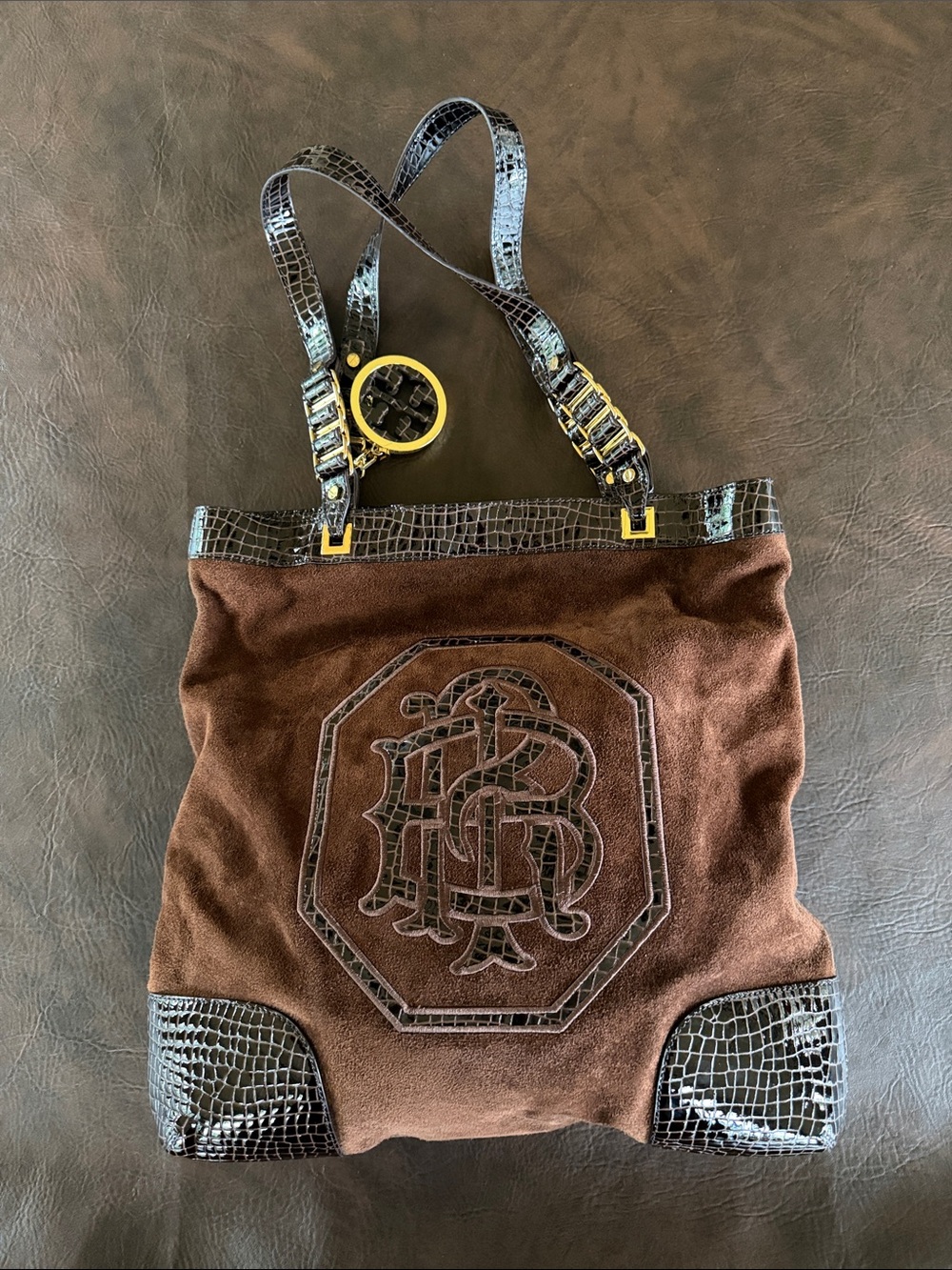 Tory Burch Brown Suede Tote with Croc-Trim and Gold Accent GREAT CONDITION